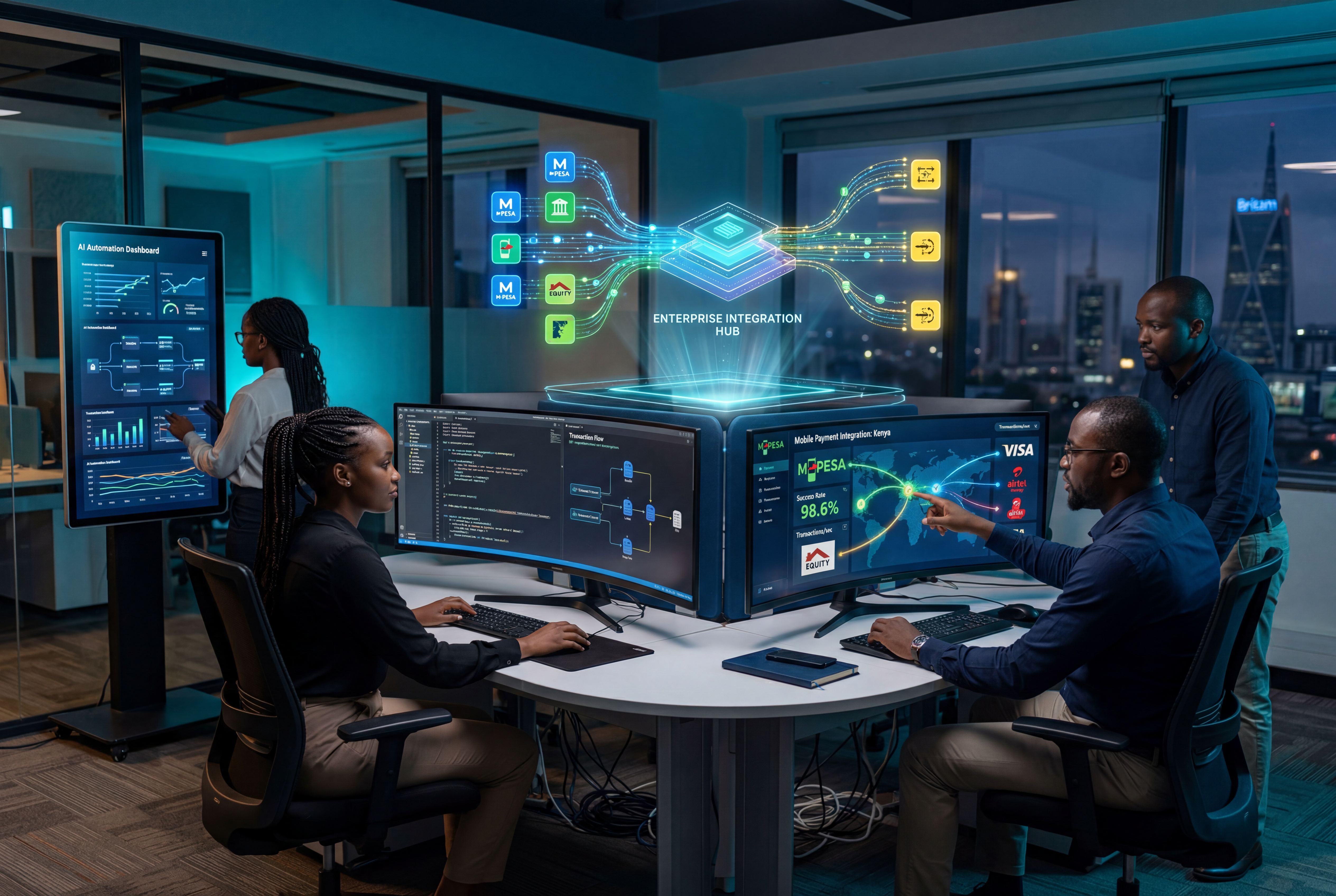 Technology, AI and API integration — connecting banks, M-Pesa and payment gateways through a central AI core